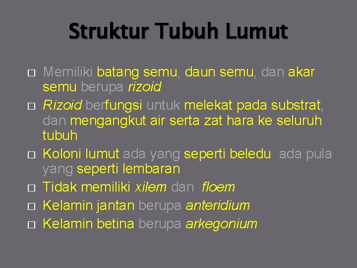 Struktur Tubuh Lumut � � � Memiliki batang semu, daun semu, dan akar semu