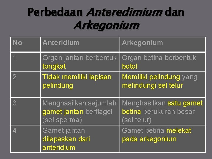 Perbedaan Anteredimium dan Arkegonium No Anteridium 1 Organ jantan berbentuk Organ betina berbentuk tongkat