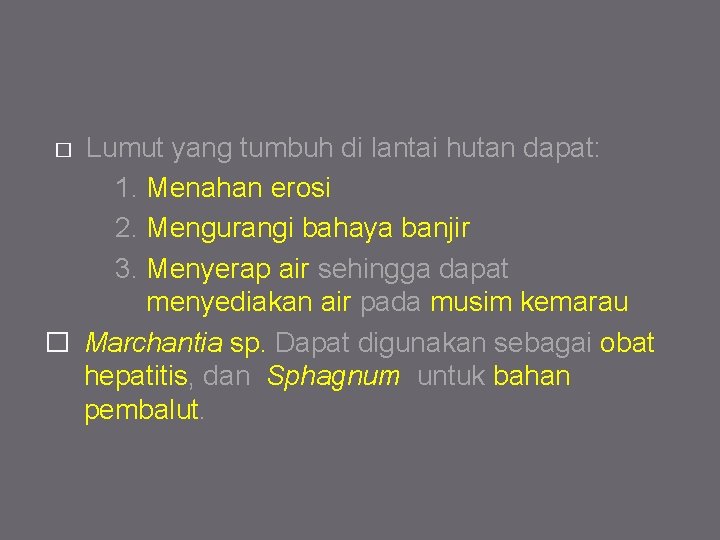 Lumut yang tumbuh di lantai hutan dapat: 1. Menahan erosi 2. Mengurangi bahaya banjir