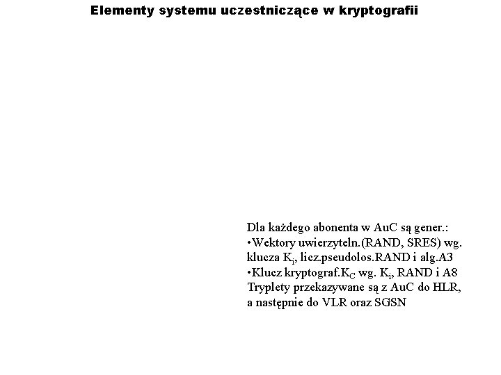 Elementy systemu uczestniczące w kryptografii Dla każdego abonenta w Au. C są gener. :