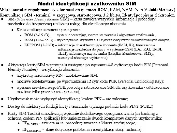 Moduł identyfikacji użytkownika SIM Mikrokontroler współpracujący z terminalem (pamięci ROM, RAM, NVM -Non-Volatile. Memory)