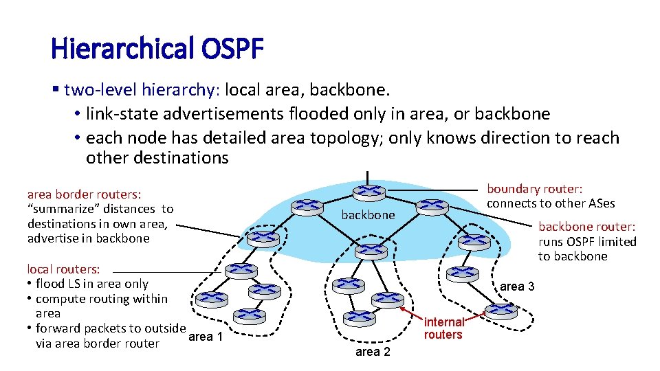 Hierarchical OSPF § two-level hierarchy: local area, backbone. • link-state advertisements flooded only in