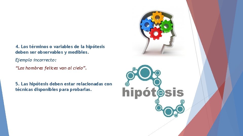 4. Los términos o variables de la hipótesis deben ser observables y medibles. Ejemplo 4. Los términos o variables de la hipótesis deben ser observables y medibles. Ejemplo