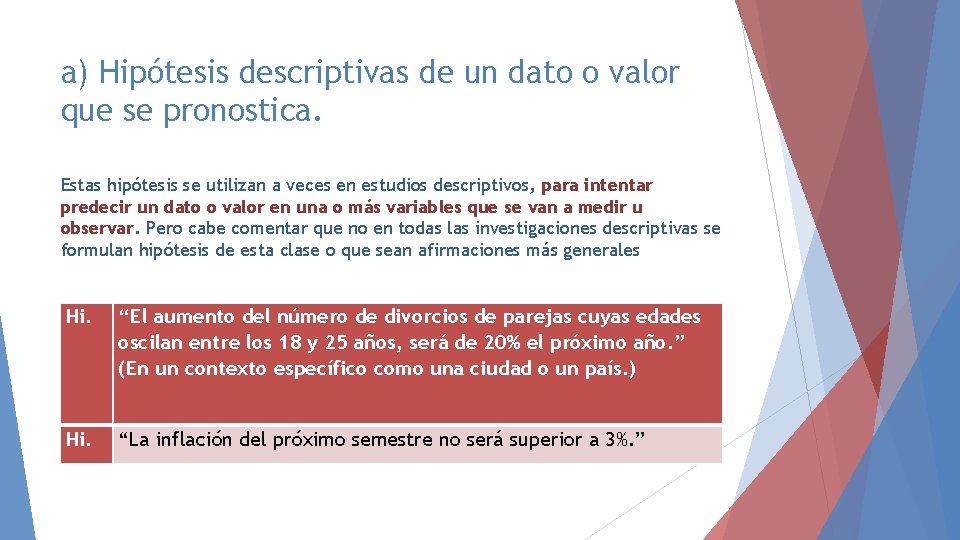 a) Hipótesis descriptivas de un dato o valor que se pronostica. Estas hipótesis se a) Hipótesis descriptivas de un dato o valor que se pronostica. Estas hipótesis se