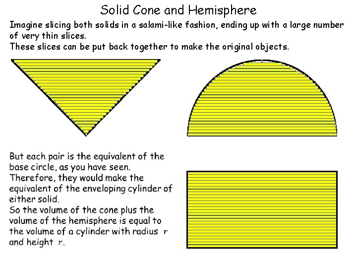 Solid Cone and Hemisphere Imagine slicing both solids in a salami-like fashion, ending up