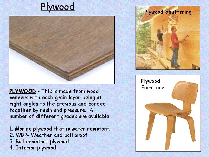 Plywood PLYWOOD - This is made from wood veneers with each grain layer being