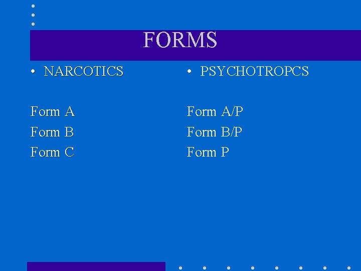 FORMS • NARCOTICS • PSYCHOTROPCS Form A Form B Form C Form A/P Form