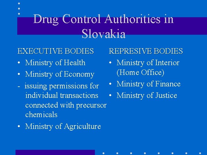 Drug Control Authorities in Slovakia EXECUTIVE BODIES REPRESIVE BODIES • Ministry of Health •