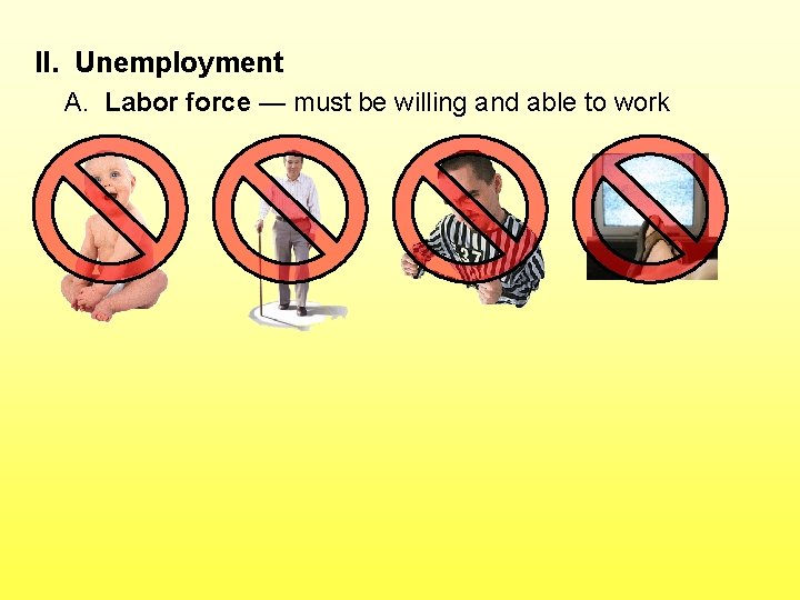 II. Unemployment A. Labor force — must be willing and able to work 
