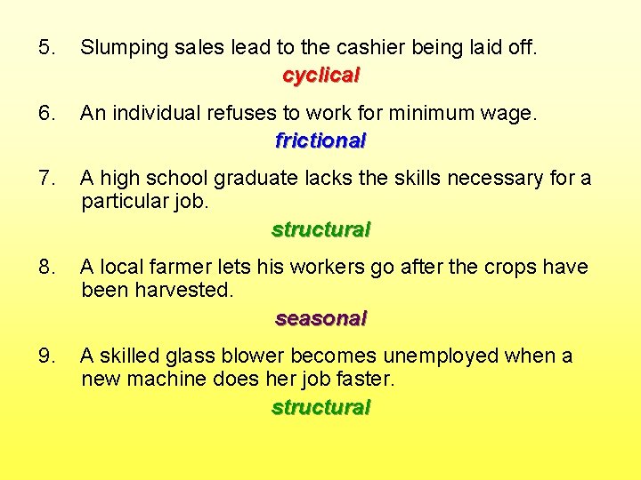 5. Slumping sales lead to the cashier being laid off. cyclical 6. An individual