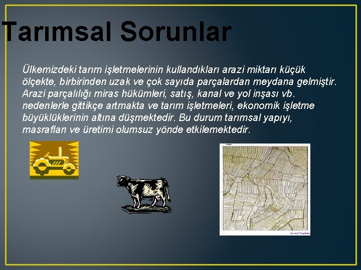 Tarımsal Sorunlar Ülkemizdeki tarım işletmelerinin kullandıkları arazi miktarı küçük ölçekte, birbirinden uzak ve çok