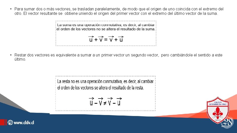  • Para sumar dos o más vectores, se trasladan paralelamente, de modo que