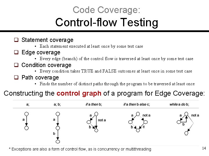 Code Coverage: Control-flow Testing q Statement coverage • Each statement executed at least once