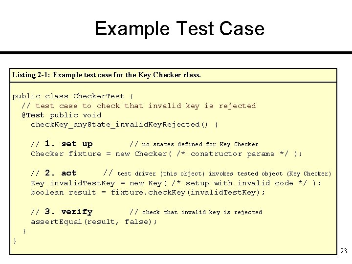 Example Test Case Listing 2 -1: Example test case for the Key Checker class.