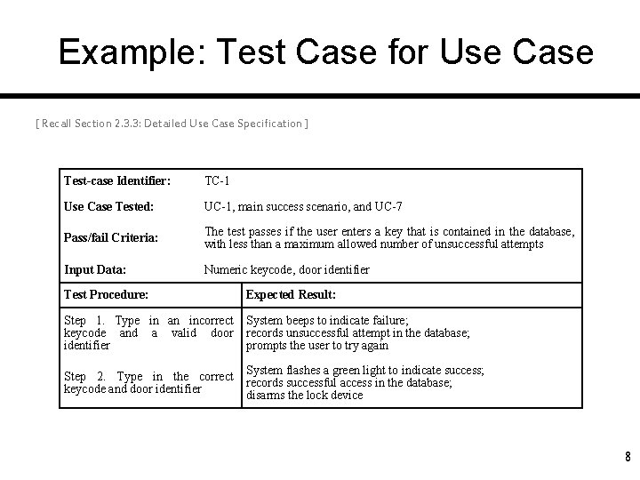 Example: Test Case for Use Case [ Recall Section 2. 3. 3: Detailed Use