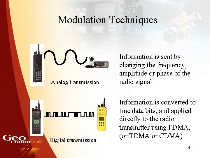 Modulation Techniques Analog transmission Digital transmission Information is sent by changing the frequency, amplitude