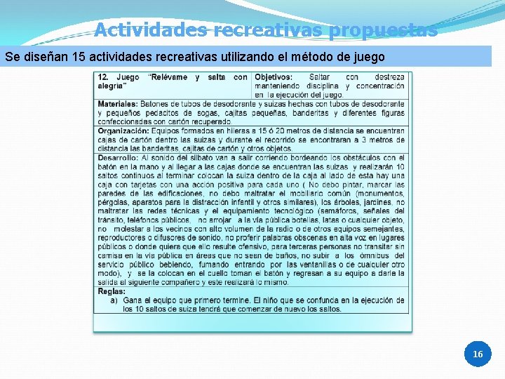 Actividades recreativas propuestas Se diseñan 15 actividades recreativas utilizando el método de juego 16