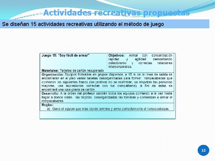 Actividades recreativas propuestas Se diseñan 15 actividades recreativas utilizando el método de juego 18