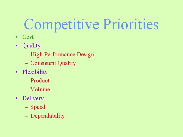 Competitive Priorities • Cost • Quality – High Performance Design – Consistent Quality •