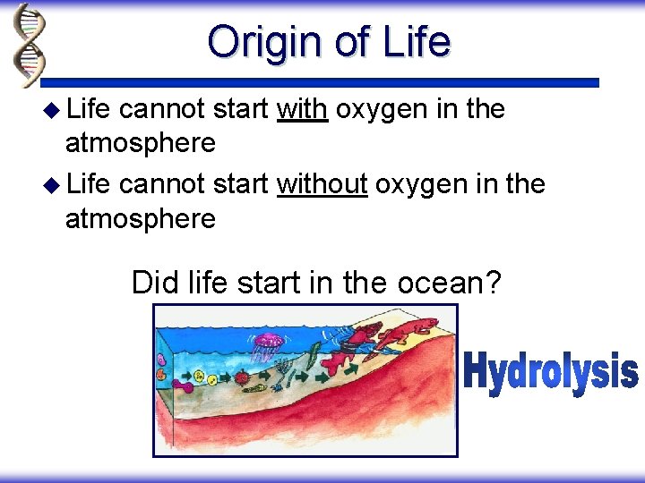 Origin of Life u Life cannot start with oxygen in the atmosphere u Life