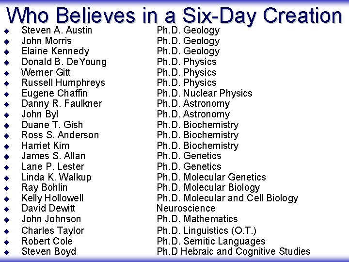 Who Believes in a Six-Day Creation Steven A. Austin Ph. D. Geology u u