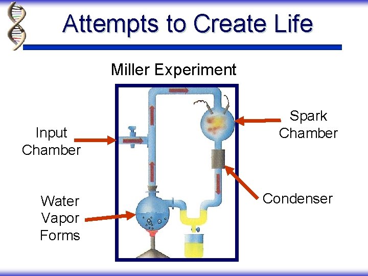 Attempts to Create Life Miller Experiment Input Chamber Water Vapor Forms Spark Chamber Condenser