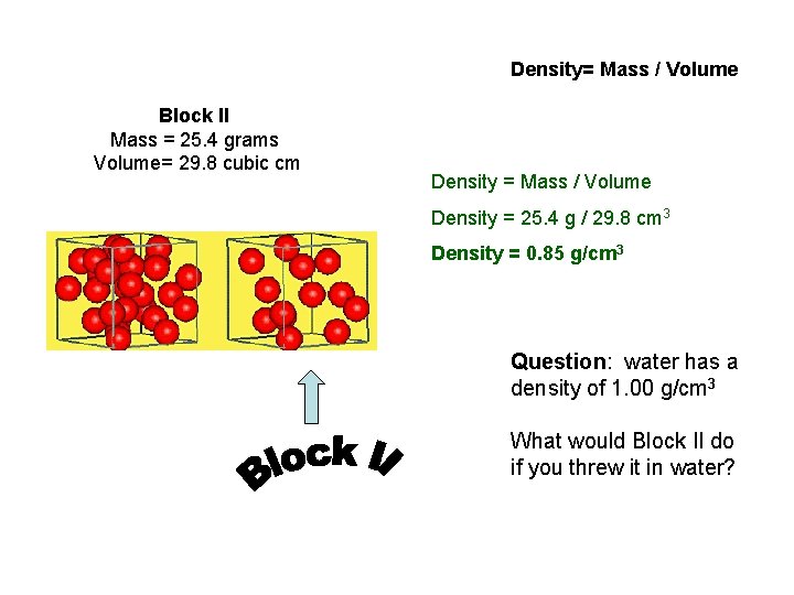 Density= Mass / Volume Block II Mass = 25. 4 grams Volume= 29. 8