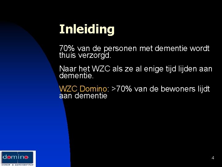 Inleiding 70% van de personen met dementie wordt thuis verzorgd. Naar het WZC als