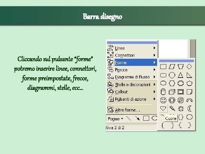 Barra disegno Cliccando sul pulsante “forme” potremo inserire linee, connettori, forme preimpostate, frecce, diagrammi,