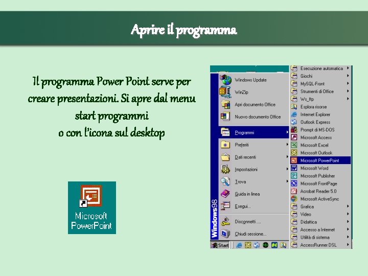 Aprire il programma Il programma Power Point serve per creare presentazioni. Si apre dal