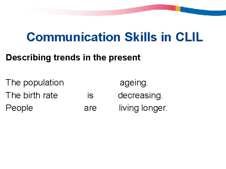 Communication Skills in CLIL Describing trends in the present The population The birth rate Communication Skills in CLIL Describing trends in the present The population The birth rate