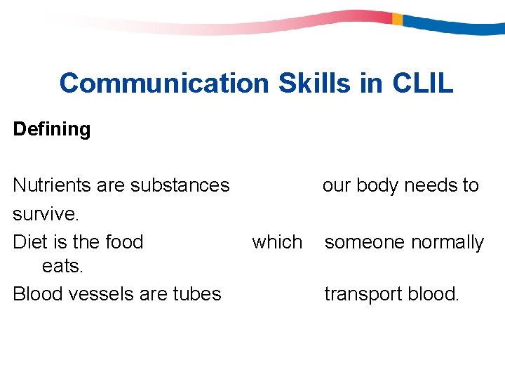 Communication Skills in CLIL Defining Nutrients are substances survive. Diet is the food eats. Communication Skills in CLIL Defining Nutrients are substances survive. Diet is the food eats.
