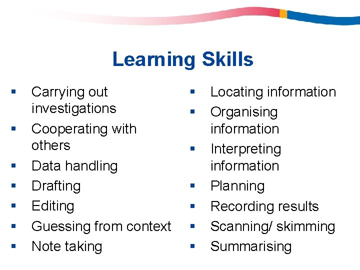 Learning Skills § § § § Carrying out investigations Cooperating with others Data handling Learning Skills § § § § Carrying out investigations Cooperating with others Data handling
