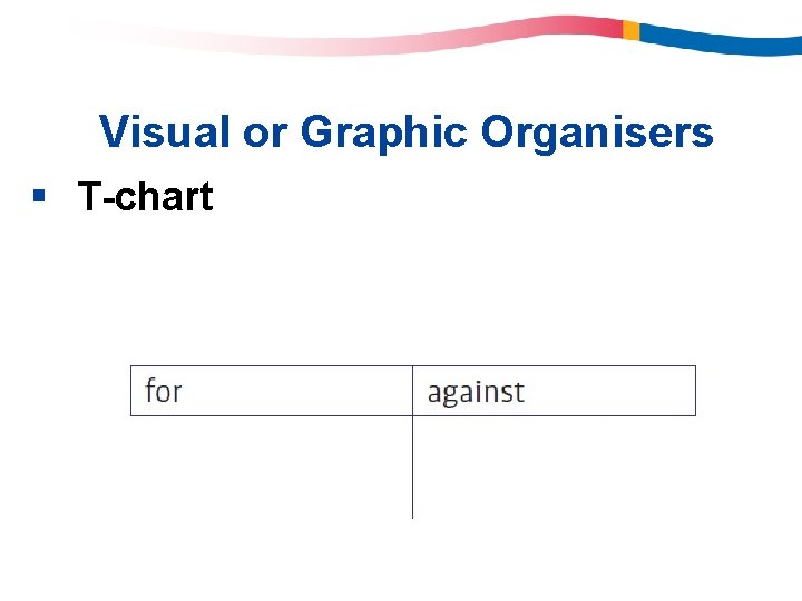 Visual or Graphic Organisers § T-chart Visual or Graphic Organisers § T-chart