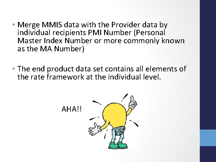  • Merge MMIS data with the Provider data by individual recipients PMI Number