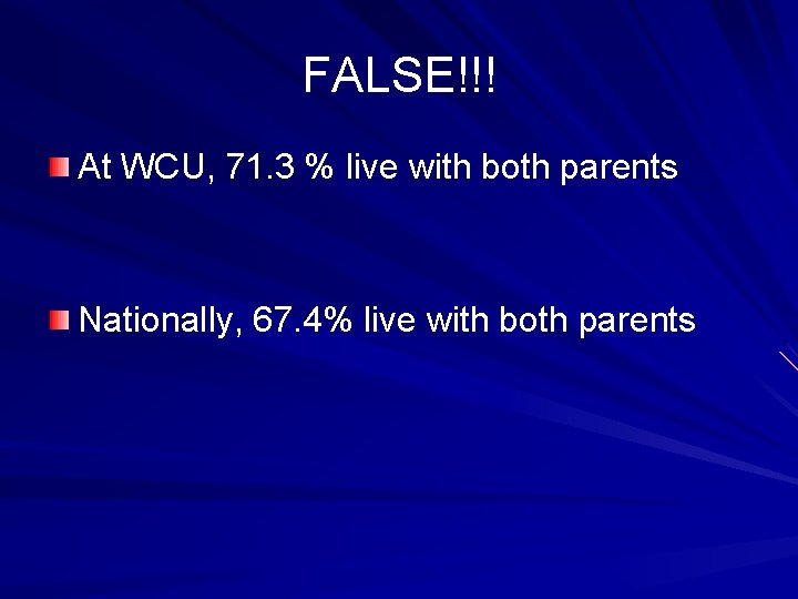 FALSE!!! At WCU, 71. 3 % live with both parents Nationally, 67. 4% live