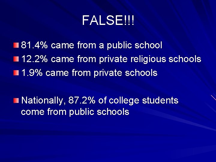 FALSE!!! 81. 4% came from a public school 12. 2% came from private religious