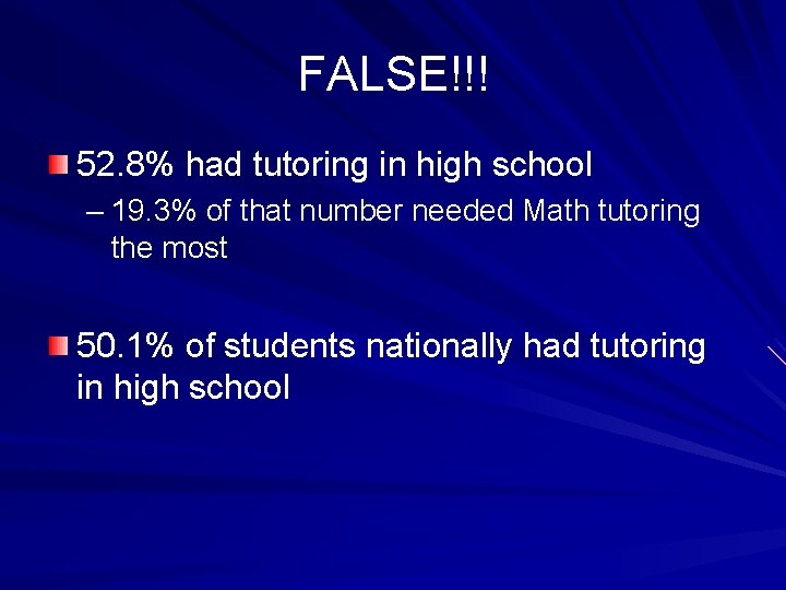 FALSE!!! 52. 8% had tutoring in high school – 19. 3% of that number