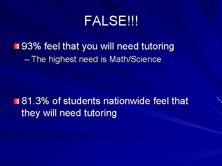 FALSE!!! 93% feel that you will need tutoring – The highest need is Math/Science