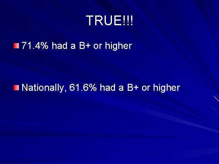 TRUE!!! 71. 4% had a B+ or higher Nationally, 61. 6% had a B+