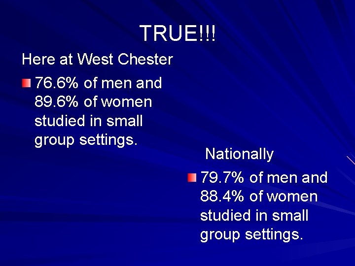 TRUE!!! Here at West Chester 76. 6% of men and 89. 6% of women