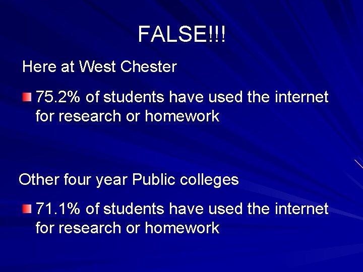 FALSE!!! Here at West Chester 75. 2% of students have used the internet for
