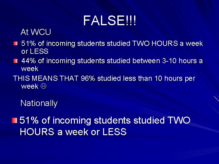 At WCU FALSE!!! 51% of incoming students studied TWO HOURS a week or LESS