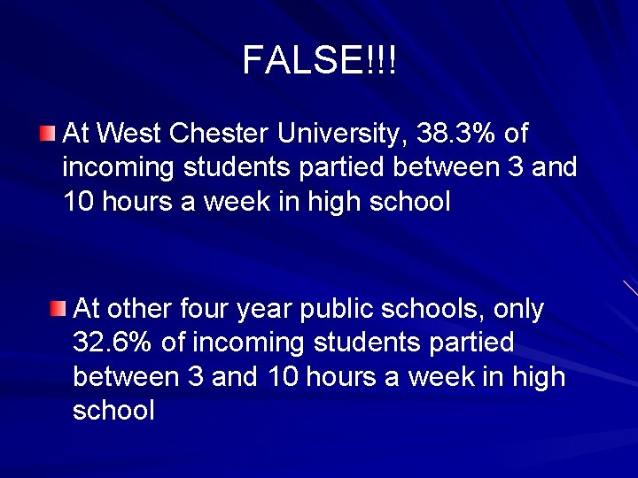FALSE!!! At West Chester University, 38. 3% of incoming students partied between 3 and