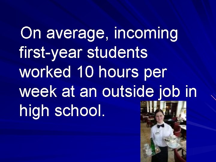 On average, incoming first-year students worked 10 hours per week at an outside job