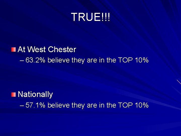 TRUE!!! At West Chester – 63. 2% believe they are in the TOP 10%