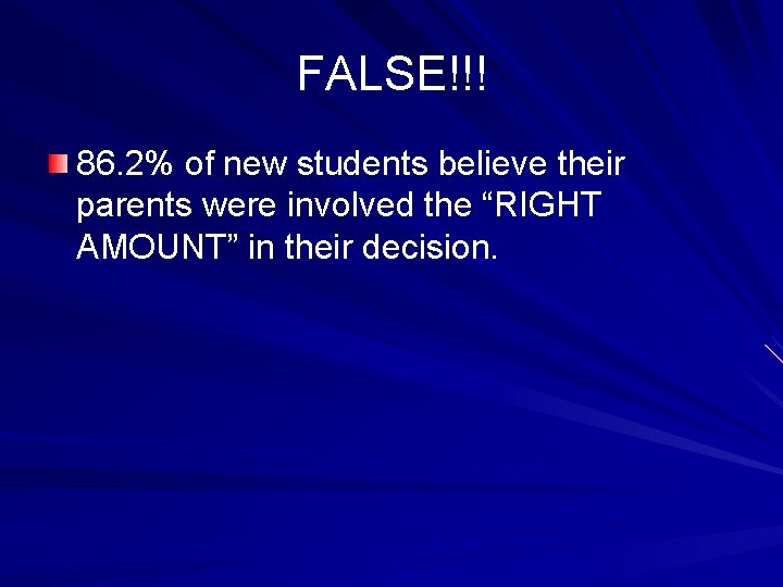 FALSE!!! 86. 2% of new students believe their parents were involved the “RIGHT AMOUNT”