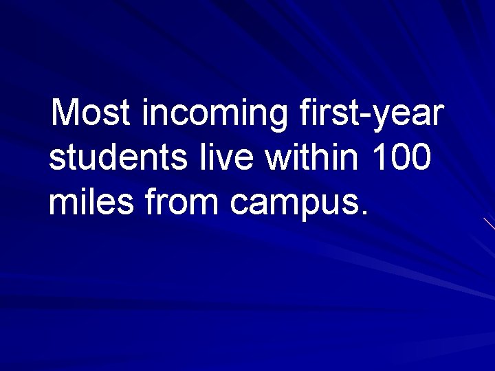Most incoming first-year students live within 100 miles from campus. 