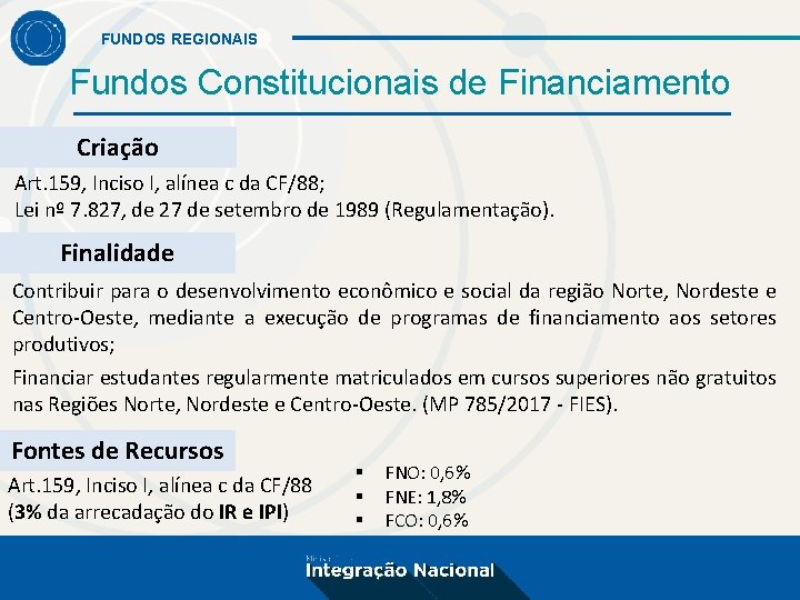 FUNDOS REGIONAIS Fundos Constitucionais de Financiamento Criação Art. 159, Inciso I, alínea c da