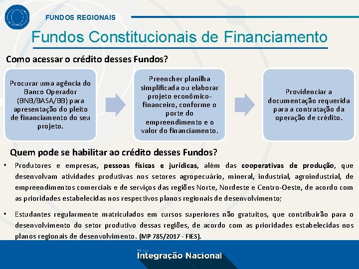 FUNDOS REGIONAIS Fundos Constitucionais de Financiamento Como acessar o crédito desses Fundos? Procurar uma